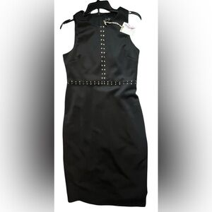 NWT Jessica Simpson Scuba Midi Sheath Dress workwear Gold Detail Black Dress 10